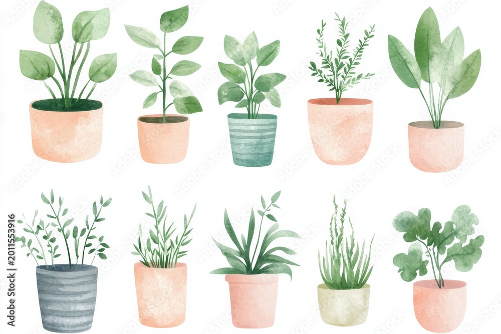 Fototapeta premium Different types of plants in pots in various shapes and sizes arranged in a grid pattern on a white background