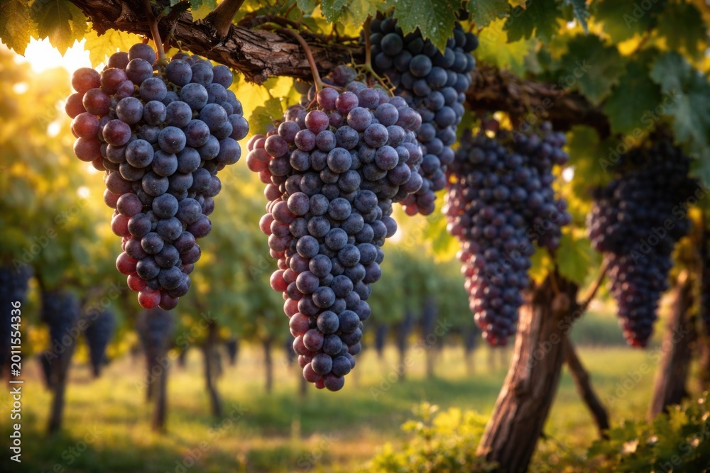 Naklejka premium Fresh grape clusters growing on vines destined for wine crafting in a vineyard
