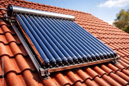 Vacuum tube solar collector setup atop traditional red tiled roof close view