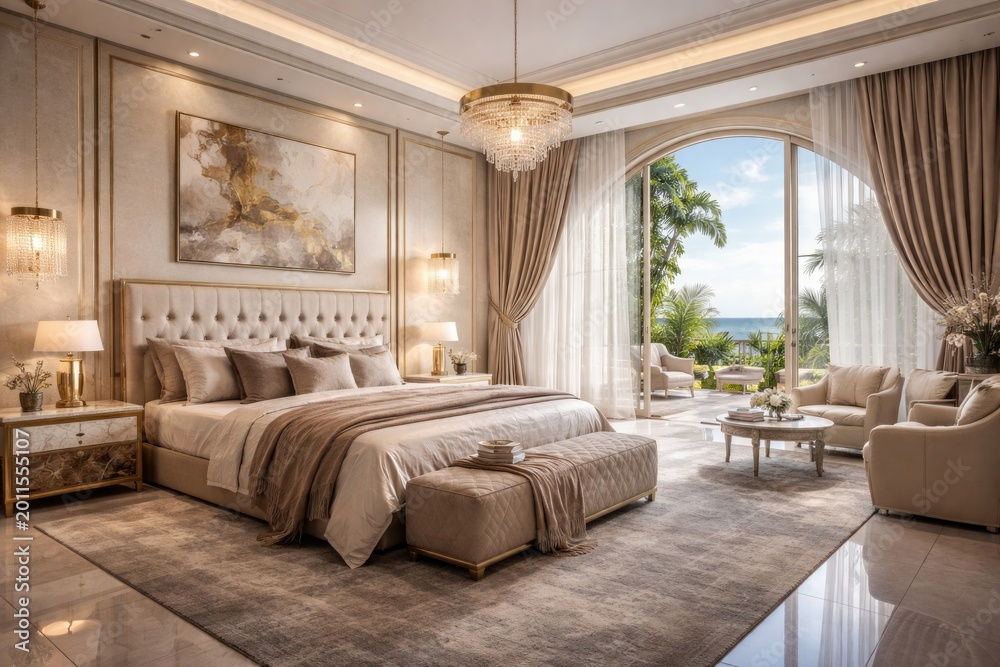 Fototapeta premium elegant bedroom design showcasing high end furniture in a villa setting
