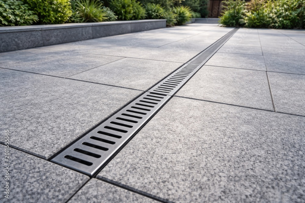 Fototapeta premium Outdoor gray granite paving slabs incorporating slotted drainage channel under surface