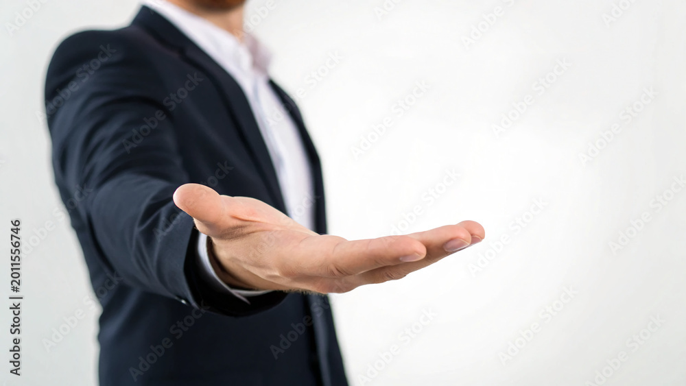 Fototapeta premium Businessman in a suit reaching out his hand with an open palm for a professional partnership concept
