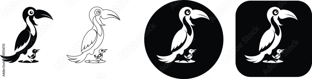 Fototapeta premium Toucan bird family silhouette and outline with a small chick on a white background