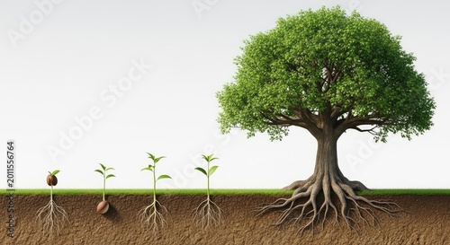 A time-lapse animation sequence shows a small seed sprouting from the soil, developing roots and branches until it becomes a massive tree, ecology, roots, vegetation