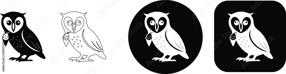 Obraz premium Owl with a berry silhouette and outline on a white background, bird
