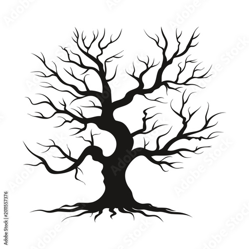 Dead tree silhouette vector illustration with twisted bare branches and exposed roots, isolated on white background.