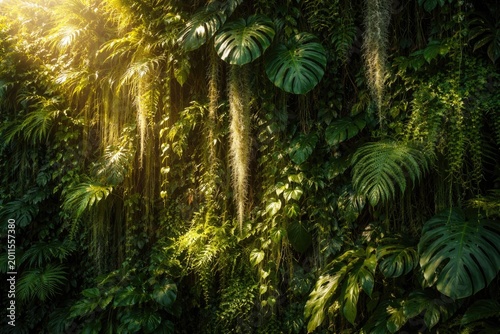 Lush tropical plant wall wi...