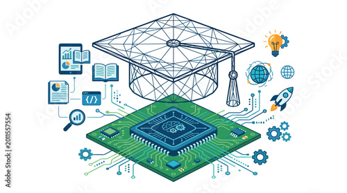 A geometric wireframe graduation cap hovers above an intricate green circuit board microprocessor chip surrounded by floating icons of data analytics, coding, and educational tools