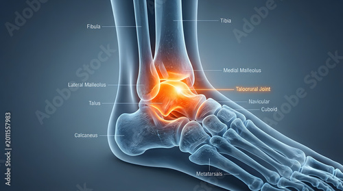 Ankle joint anatomy illustration with highlighted talocrural joint and bones