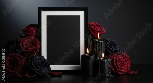 Elegant gothic composition featuring a blank black picture frame surrounded by dark roses and three lit black candles on a dark background, candles, atmosphere, elegant