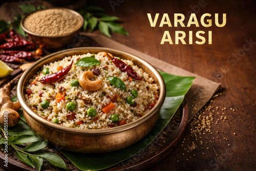 Varagu arisi based Indian delicacy featuring copy space for text