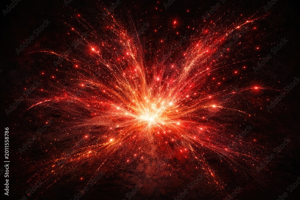 Fototapeta premium Magic red particle burst over a deep dark textured background