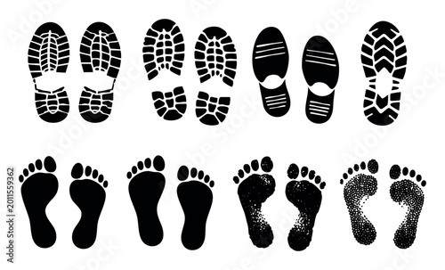 Collection of different imprints showing human bare feet, shoe soles, and boot tracks, representing discovery and evidence