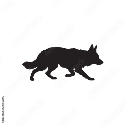 Cuadro en lienzo Black silhouette of a Border Collie dog in a herding pose white background desi