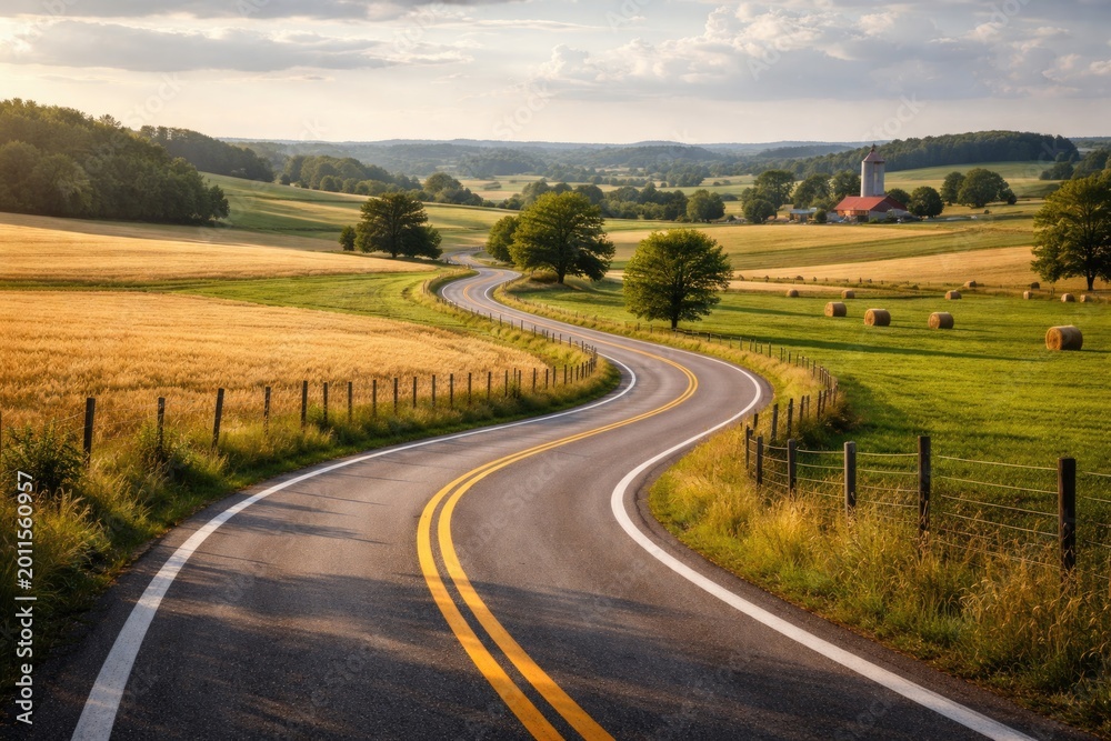 Naklejka premium Tranquil scenic road twisting through wide open farmland