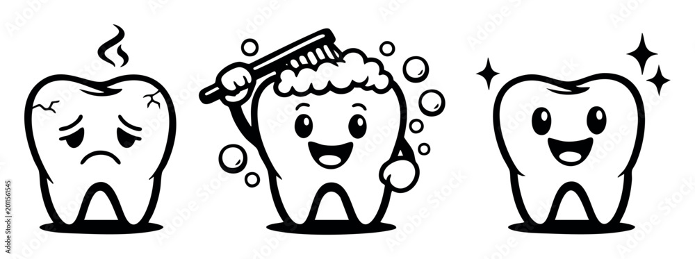 Obraz premium Cartoon teeth characters illustrating the importance of dental care, from an unhealthy tooth to a clean and bright one through brushing