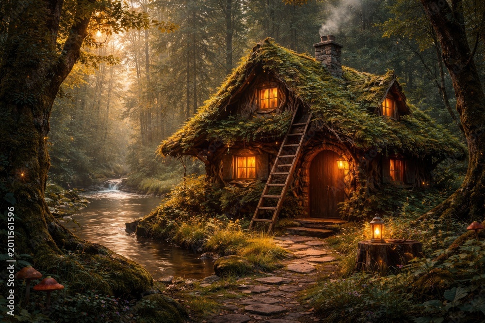 Fototapeta premium Rustic fairy tale cabin with leafy roof and wooden ladder in magical forest near river