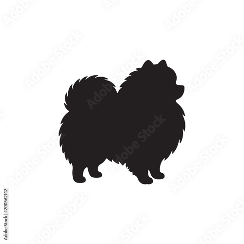 Black silhouette of a fluffy Pomeranian dog standing white background de