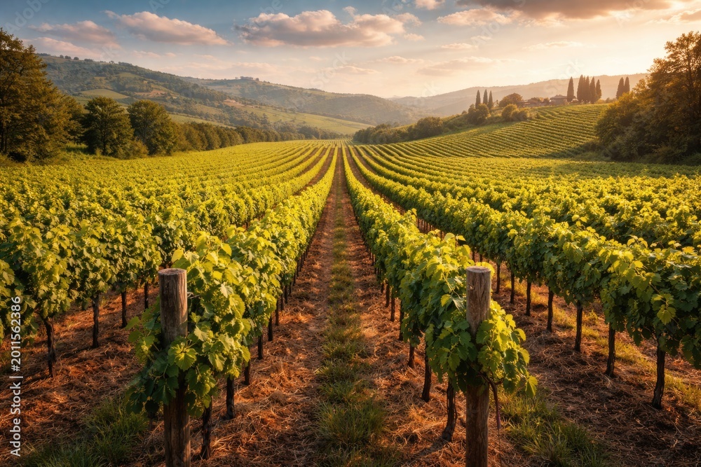 Naklejka premium Expansive vineyard landscape captured from a wide angle perspective