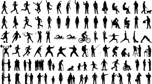 Collection of human silhouettes in various poses and activities isolated on white background
