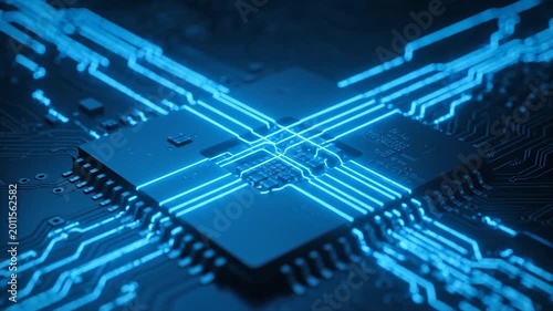 Close-up of a microchip on a circuit board with blue lighting
