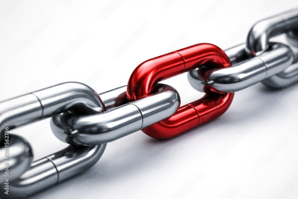 Fototapeta premium Three dimensional visualization of a grey metal chain including a distinct red link on white