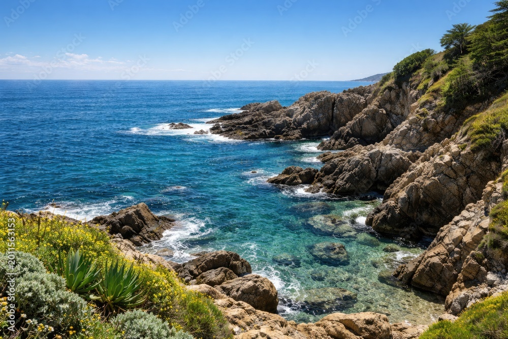 Fototapeta premium Relaxing oceanfront view with jagged rocky shore deep blue waters clear sky and vibrant green plants on a sunny summer day