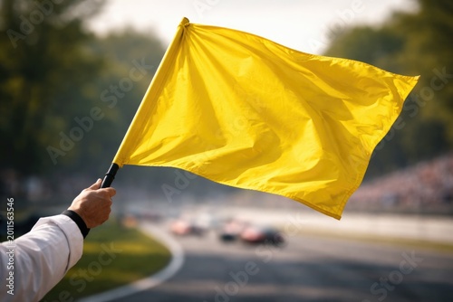 Yellow flag raised to signal caution during motor race with blurred natural scenery in back