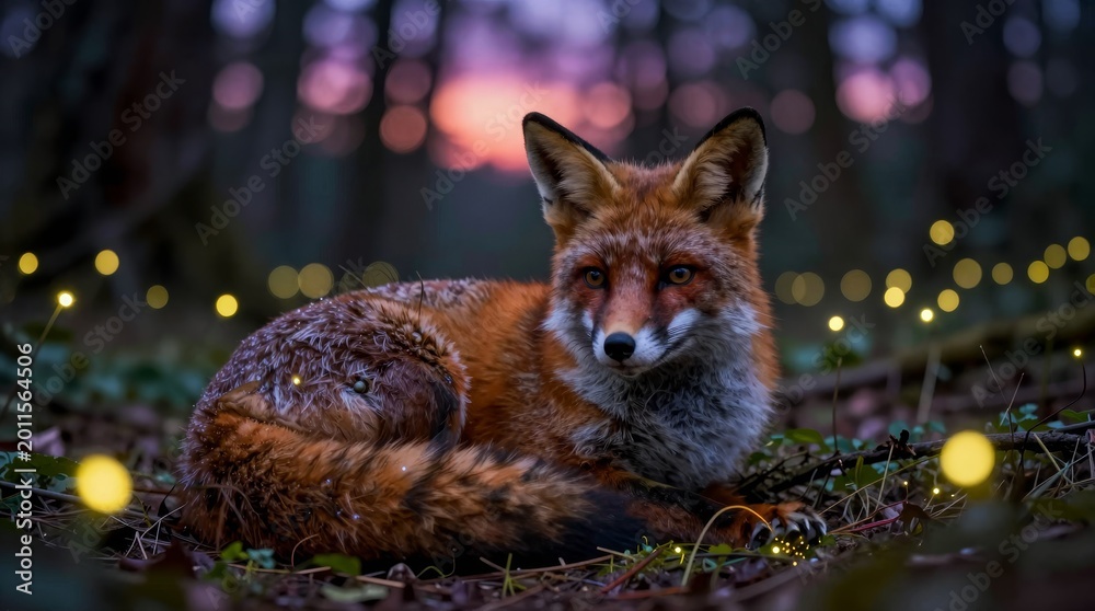 Obraz premium A stunning red fox rests quietly amidst glowing lights in a serene forest. The scene captures the enchanting beauty of wildlife in a tranquil evening setting.