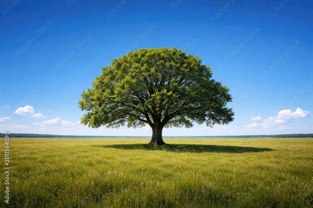 Fototapeta premium Solitary tree in a wide field with vibrant blue sky background