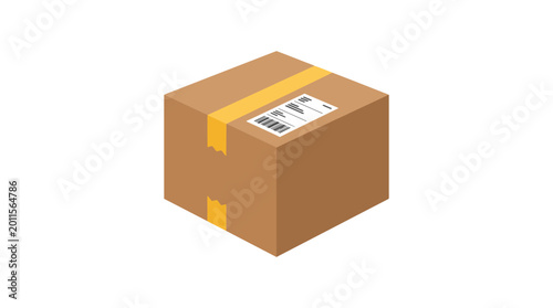 Isolated 3d isometric brown cardboard delivery box with yellow tape and shipping label symbolizing logistics shipping e commerce and package services on a clean white background