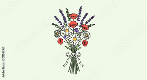 Colorful bouquet of flowers tied together.