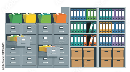 Several industrial metal filing cabinets with extended drawers containing colorful hanging folders stand beside tall shelves organized with many binders and archive boxes.