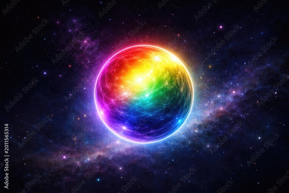 Fototapeta premium Radiant color spectrum sphere floating on a cosmic night background with ample copy space