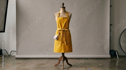 Bright mustard yellow canvas chef apron with large pockets ties neatly around a vintage dressmaker dummy inside an empty photography studio.