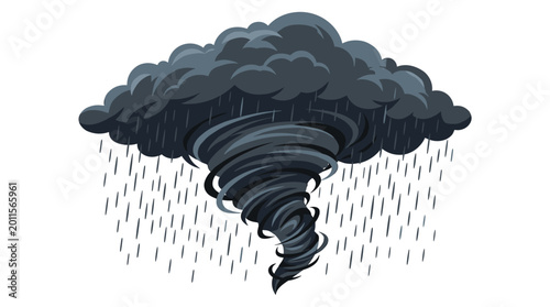 A dark, ominous storm cloud spirals into a powerful funnel-shaped tornado while heavy rain pours down in a vertical pattern against a plain white background.