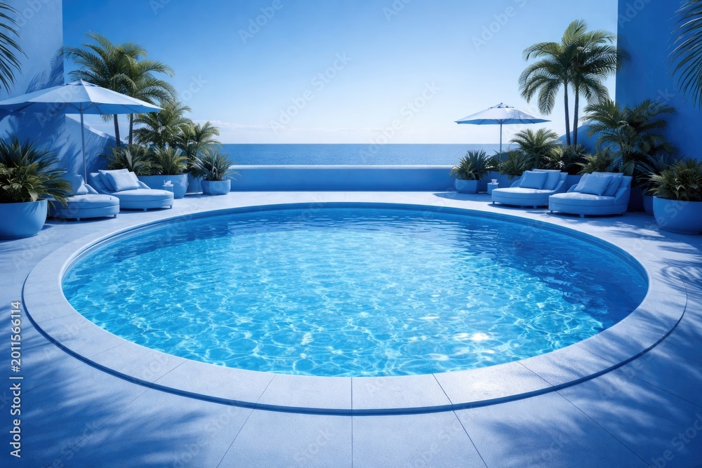 Fototapeta premium Outdoor round pool with crystal clear blue water displayed on a monochrome blue setting