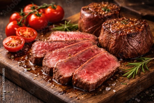 Succulent red meat beef fillet medallions freshly sliced on wooden board with tomato garnish