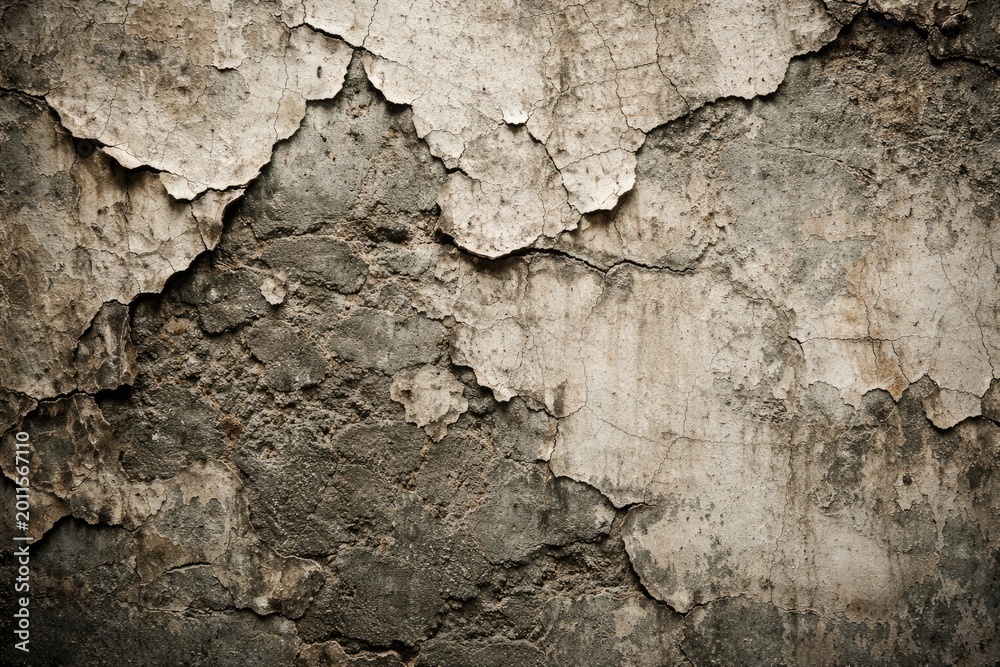 Fototapeta premium Rough cement wall with cracked and peeling paint showcasing layered textures