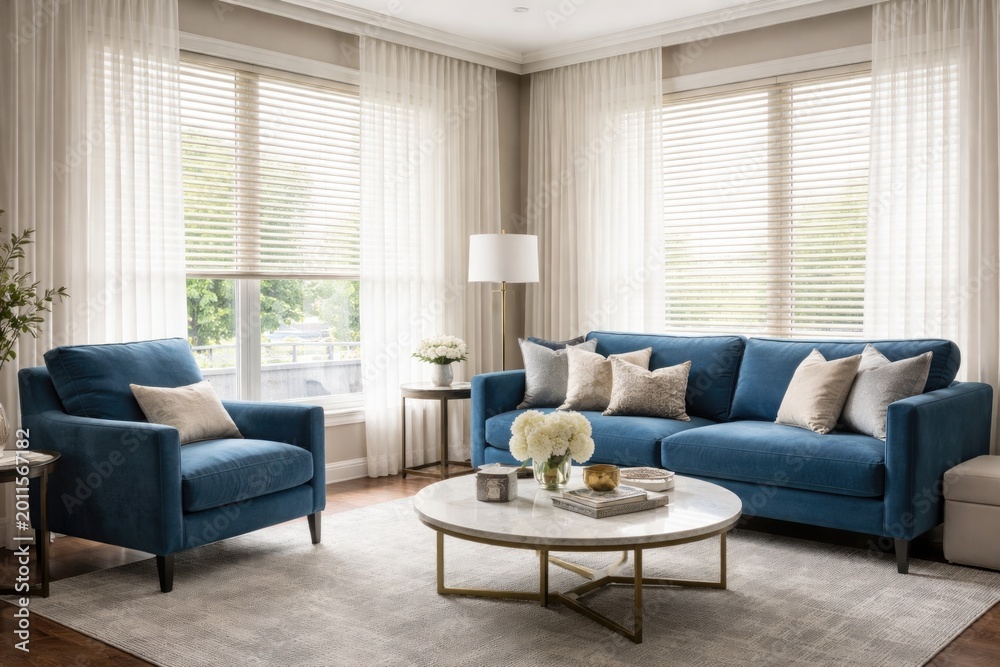 Fototapeta premium Stylish sitting room showcasing blue upholstery, soft white net curtains, and horizontal blinds on windows