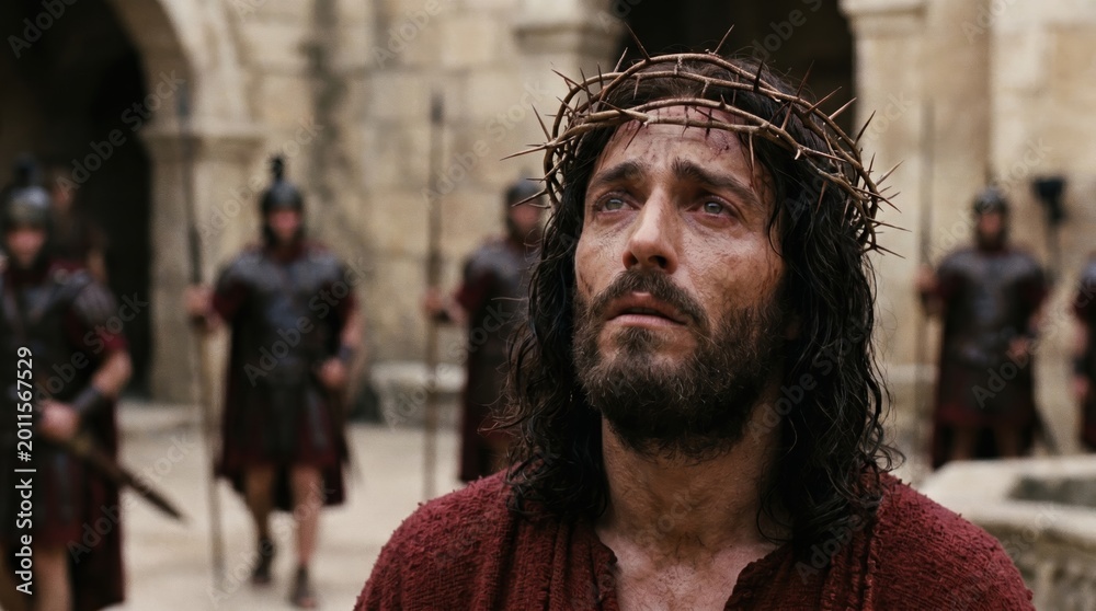 Fototapeta premium Man wearing crown of thorns with serious expression