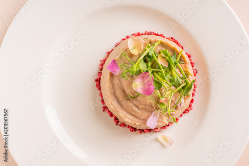 Vászonkép Close up top view of gourmet restaurant food styling of savory mashed hummus dip