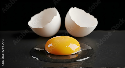 Broken egg with yolk on dark surface