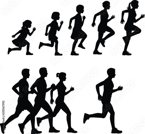 Foto Silhouettes of people running and jogging representing different life stages fro