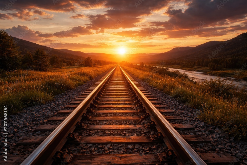 Fototapeta premium Track rails stretching far into the landscape at sunset