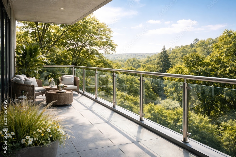 Fototapeta premium Balcony featuring transparent glass and reinforced steel railings emphasizing secure structure on Earth Day