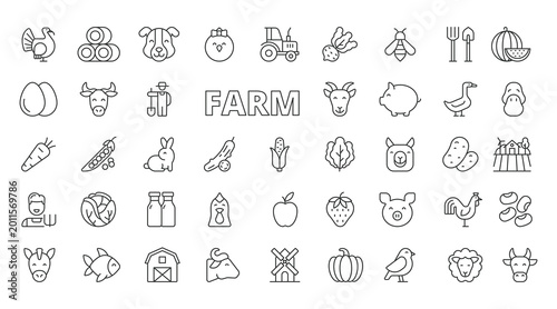 Farm icons in line design. farm, agriculture, tractor, field, harvest, livestock, rural on white background vector. Farm editable stroke icons