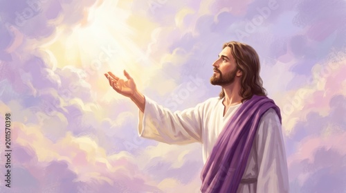 Jesus figure blessing with hands raised against sky background