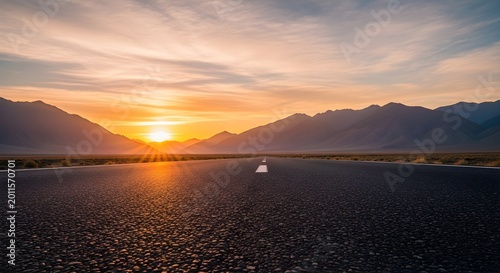 Sunset over a serene mountain road with a bright orange sky and wispy clouds in the background landscape