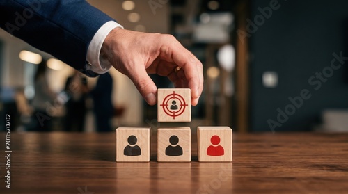 Strategic targeting concept illustrated with wooden blocks and a hand selecting a target audience. A hand placing a wooden block with a target icon on a stack of other wooden blocks with silhouettes.